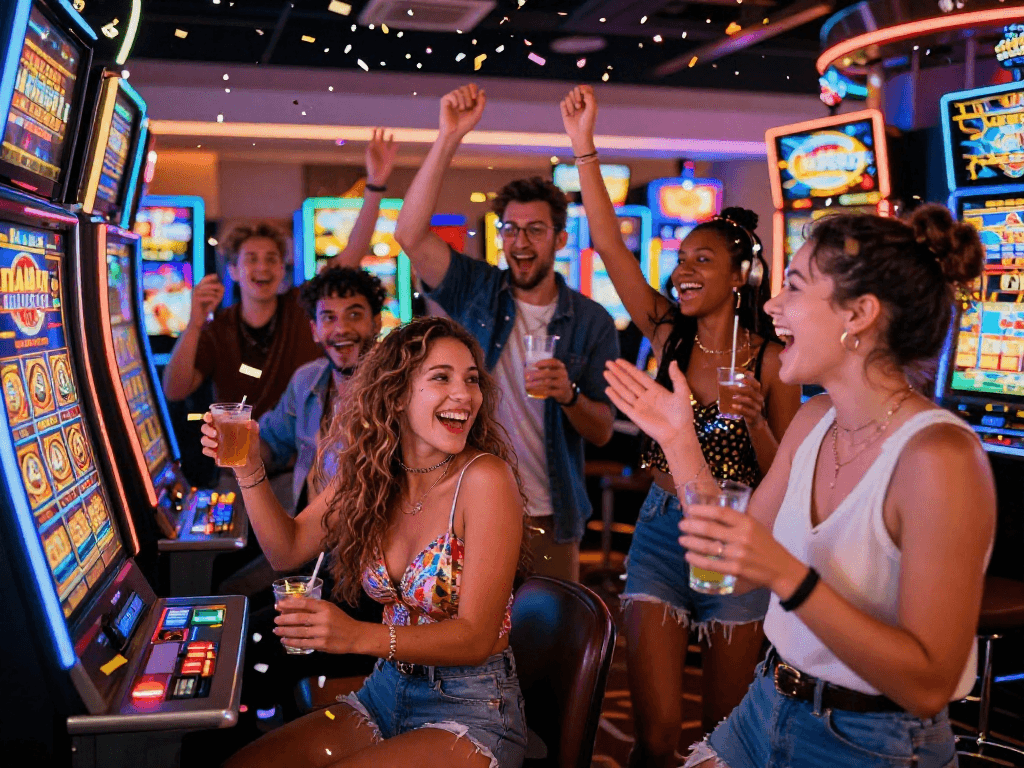 Pengguna vegas 4d merayakan kemenangan besar di mesin slot dengan keceriaan dan suasana kasino yang energik.