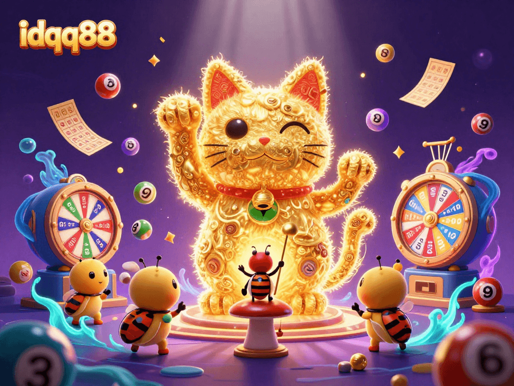 Engage with the exciting world of idqq88 featuring a mesmerizing lucky cat and vibrant casino elements.