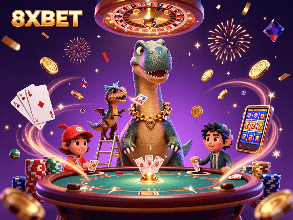 Experience thrilling gameplay at 8XBET with cascading coins and an exciting casino scene!