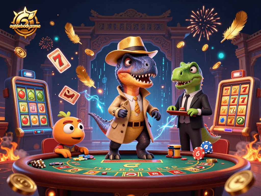 Engage with agilebodyzone as a velociraptor card counter and friends stir excitement at a vibrant casino blackjack scene.