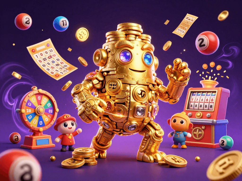 Experience exciting moments with oliviaooms in a vibrant 3D casino illustration filled with lottery elements.