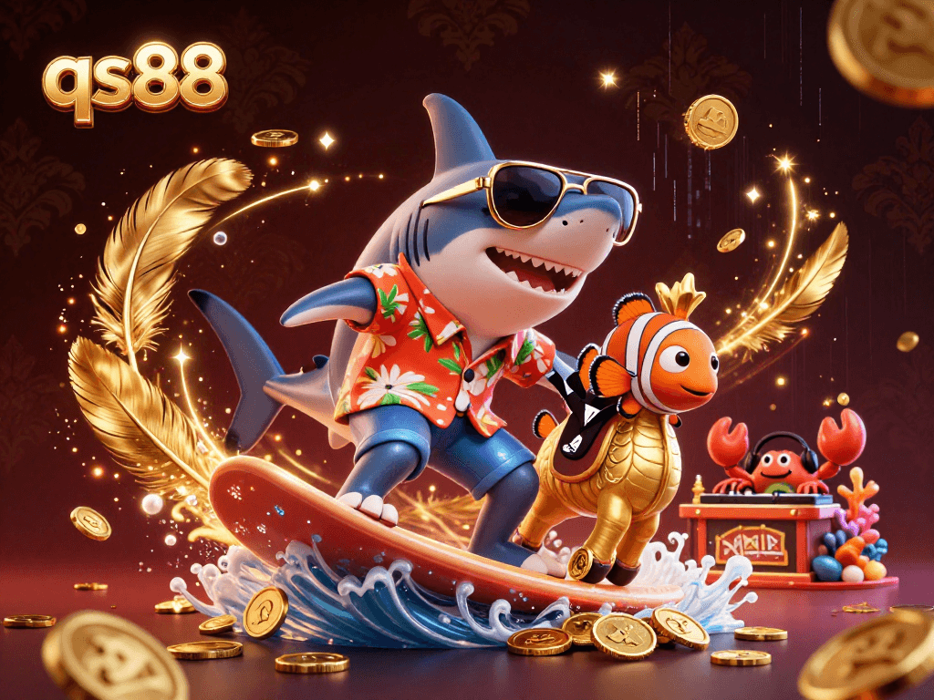 Engage with the vibrant qs88 casino scene featuring a shark surfing on gold coins, enhancing your gaming experience.