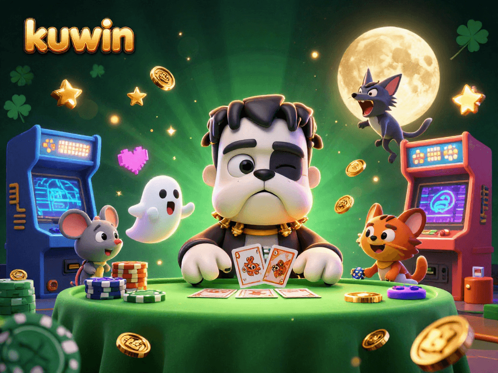Kuwin's casino strategy session featuring a cartoon Frankenstein bulldog dealing cards amidst vibrant game elements.