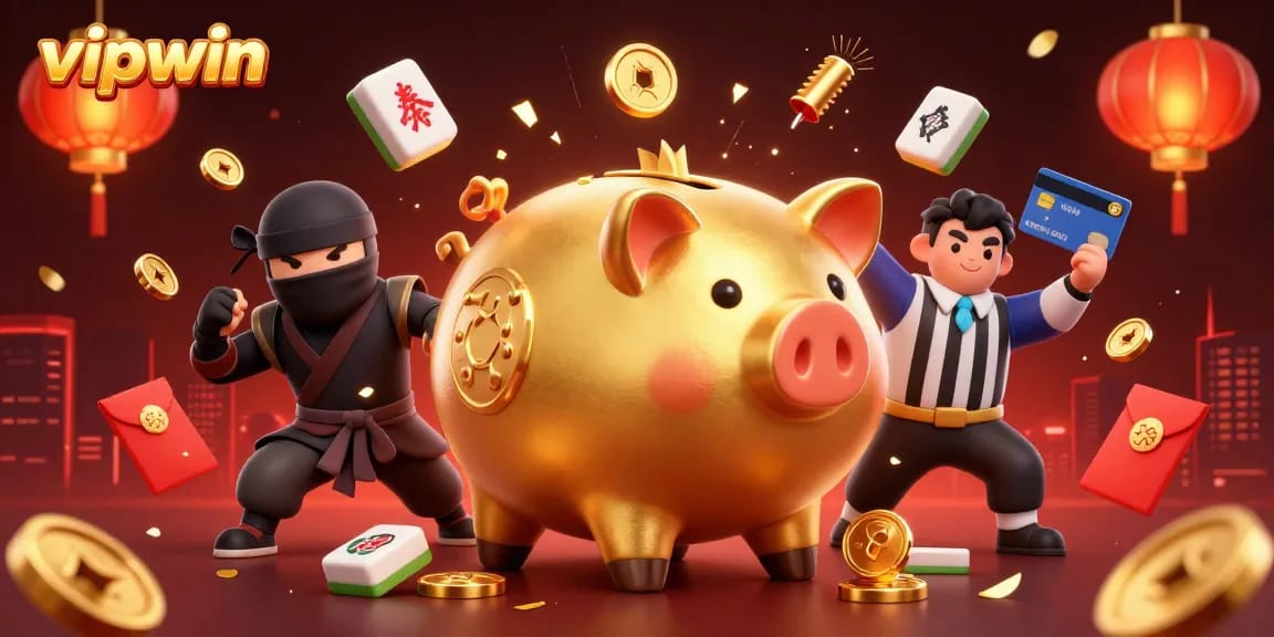 Engage with vipwin as the golden sumo wrestler shakes coins while gaming in a vibrant casino setting.