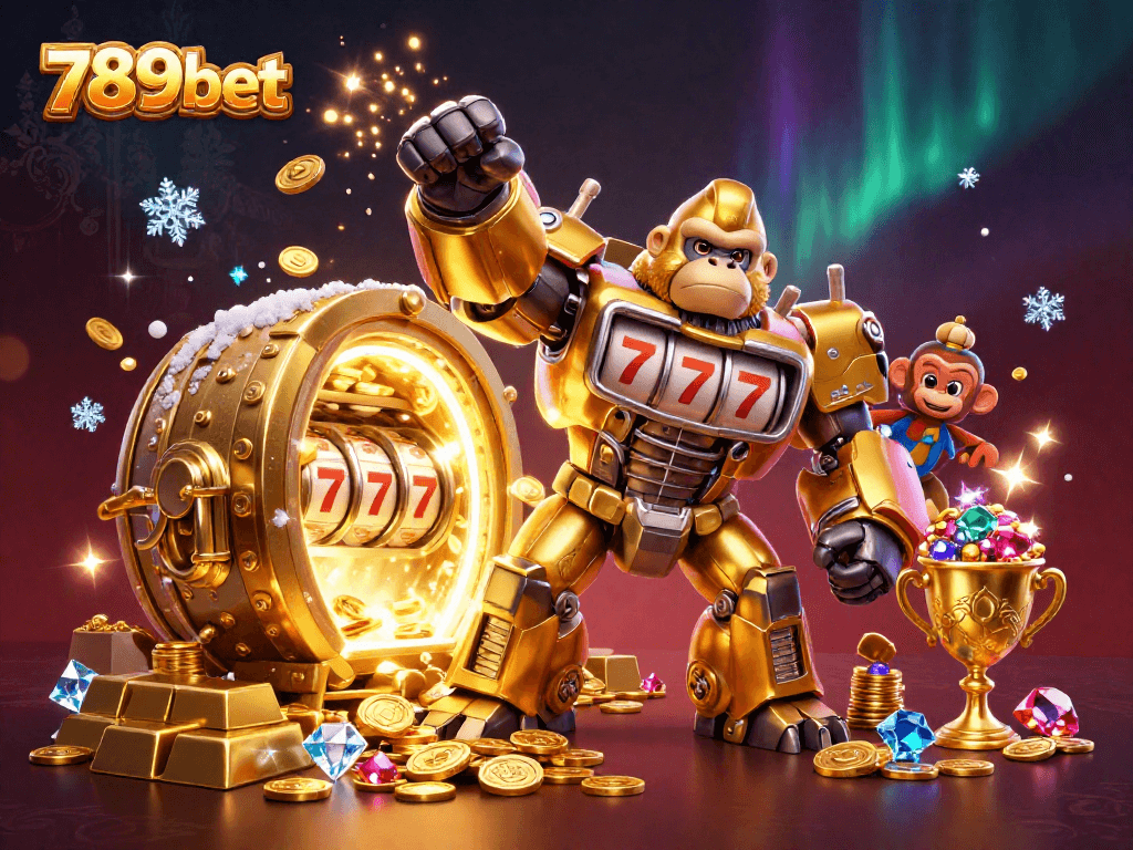 Experience 789bet with a dynamic 3D illustration showcasing a golden gorilla mech and explosive treasures.