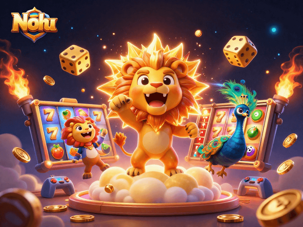 Nohu shines at a vibrant casino scene with cheering players and spinning slots.