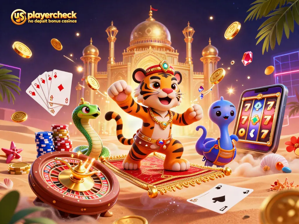 Win big at usplayercheck no deposit bonus casinos with vibrant casino-themed 3D illustration.