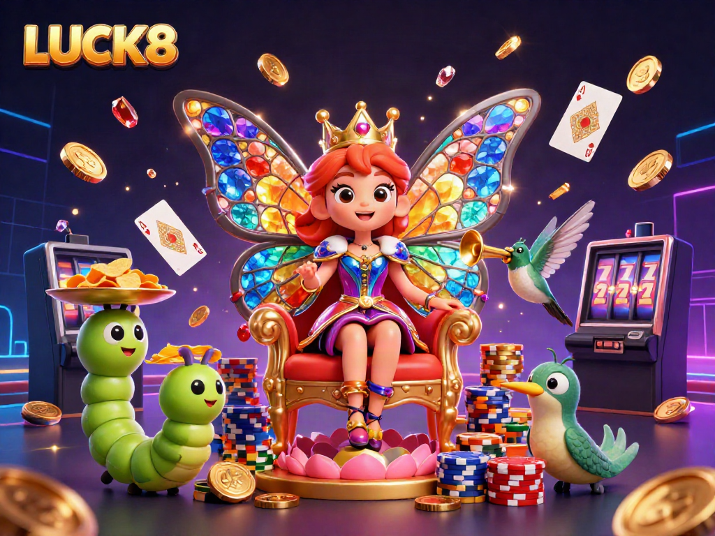 LUCK8 immersive illustration showcasing vibrant casino elements and characters in a dynamic scene.