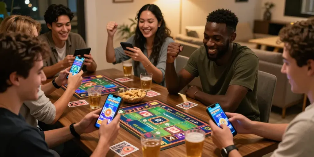 Players enjoying 3 patti no1 in a lively indoor gaming setting with smartphones and snacks.