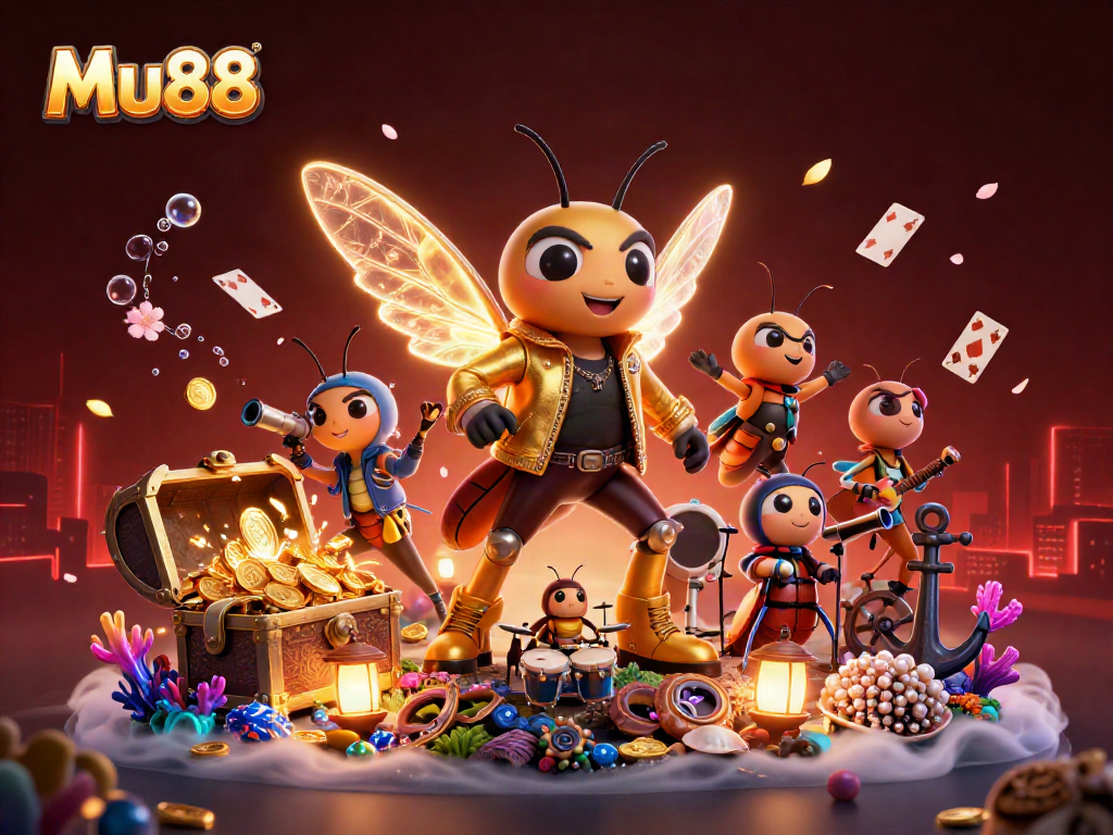 Experience thrilling gameplay at Mu88 with vibrant imagery of a cartoon cicada rock star and marine treasures.