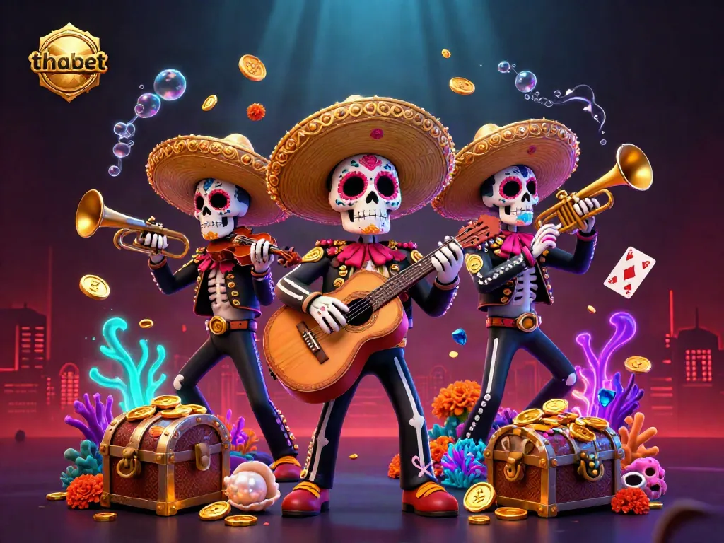 Experience thrilling gambling with thabet, featuring a vibrant 3D mariachi band amidst riches.
