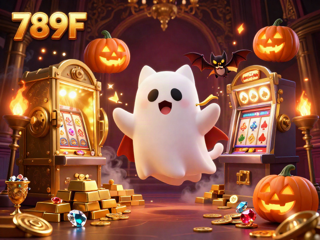 Engage with the thrilling world of 789F casino featuring ghostly characters, glowing treasures, and vibrant gaming elements.