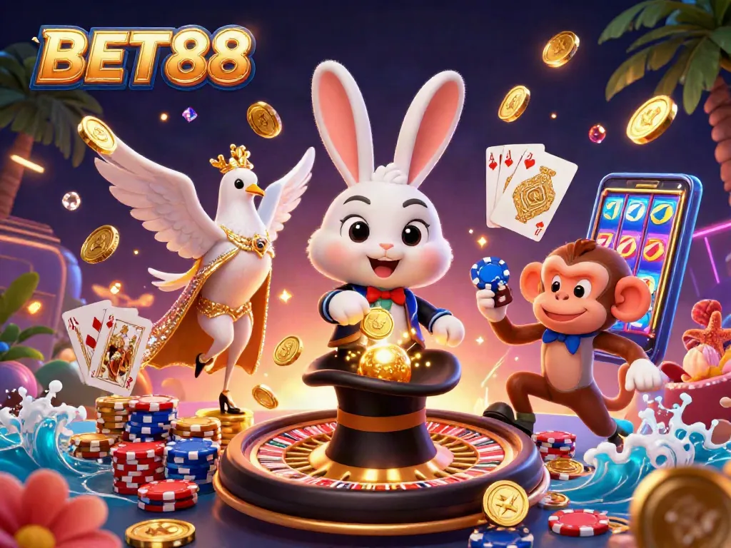 BET88 tạo ra không khí sôi động với tiền xu và thẻ bài bay lượn quanh hình ảnh đáng yêu.