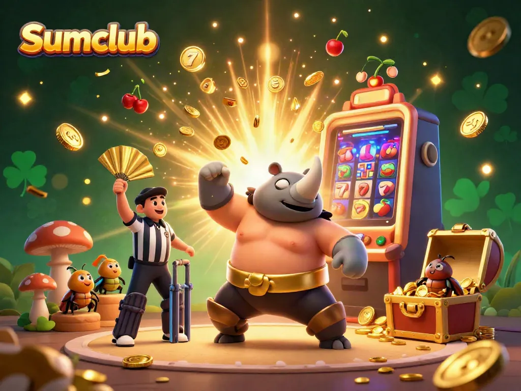 Experience the excitement at Sumclub with the 3D sumo beetle champion amidst a jackpot explosion.