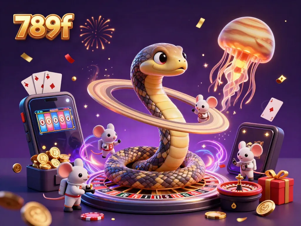 Experience the excitement of winning with 789f's vibrant casino scene featuring a snake roulette and astronaut mice betting!