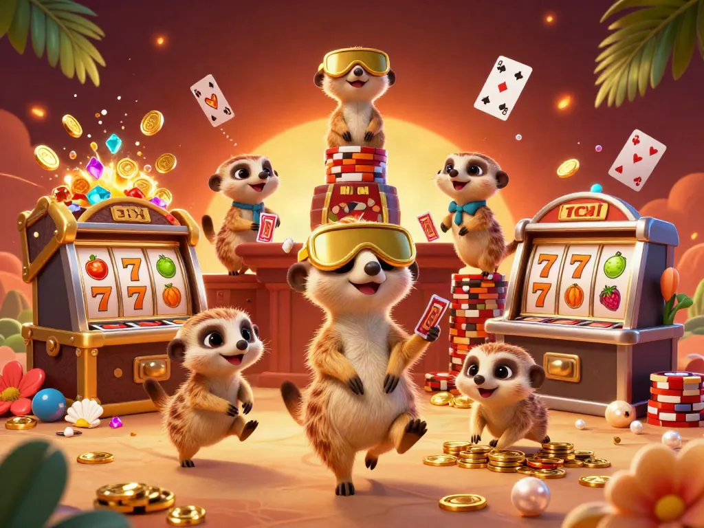 Action-packed scene of SKY88 meerkats managing a casino, showcasing dynamic game elements.