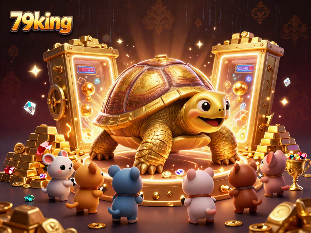 Engage with 79king in a vibrant casino world featuring a golden tortoise pinball machine, shimmering treasures, and animated characters.
