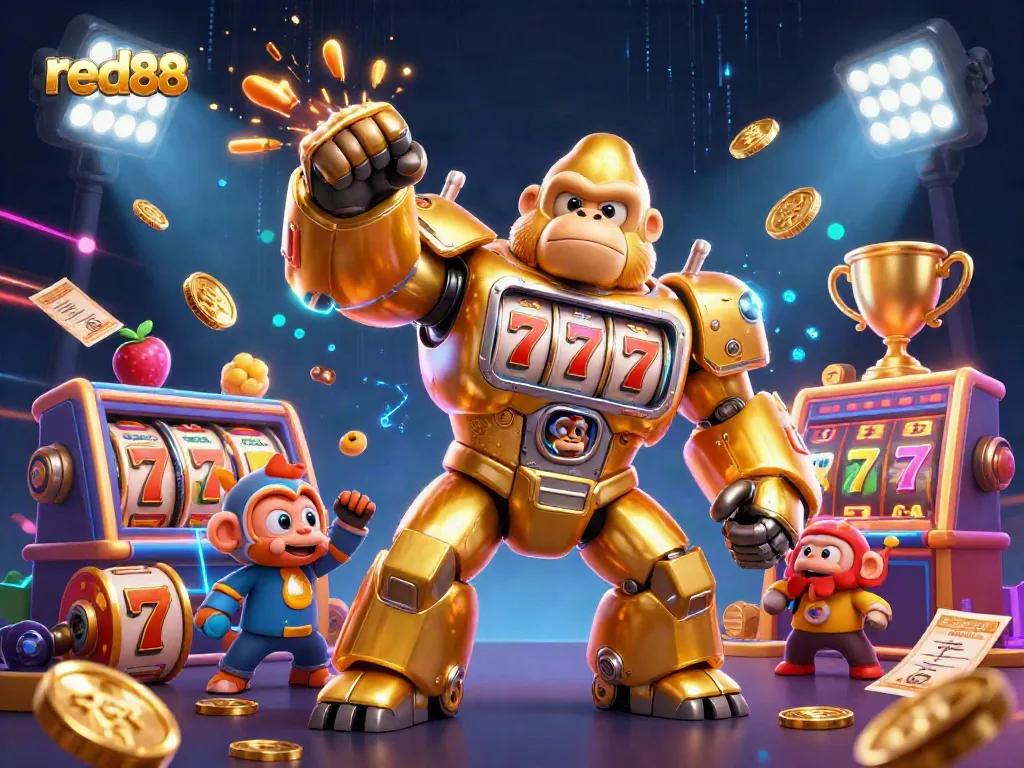 red88 gaming scene featuring a golden gorilla mech with slot machine elements and coins