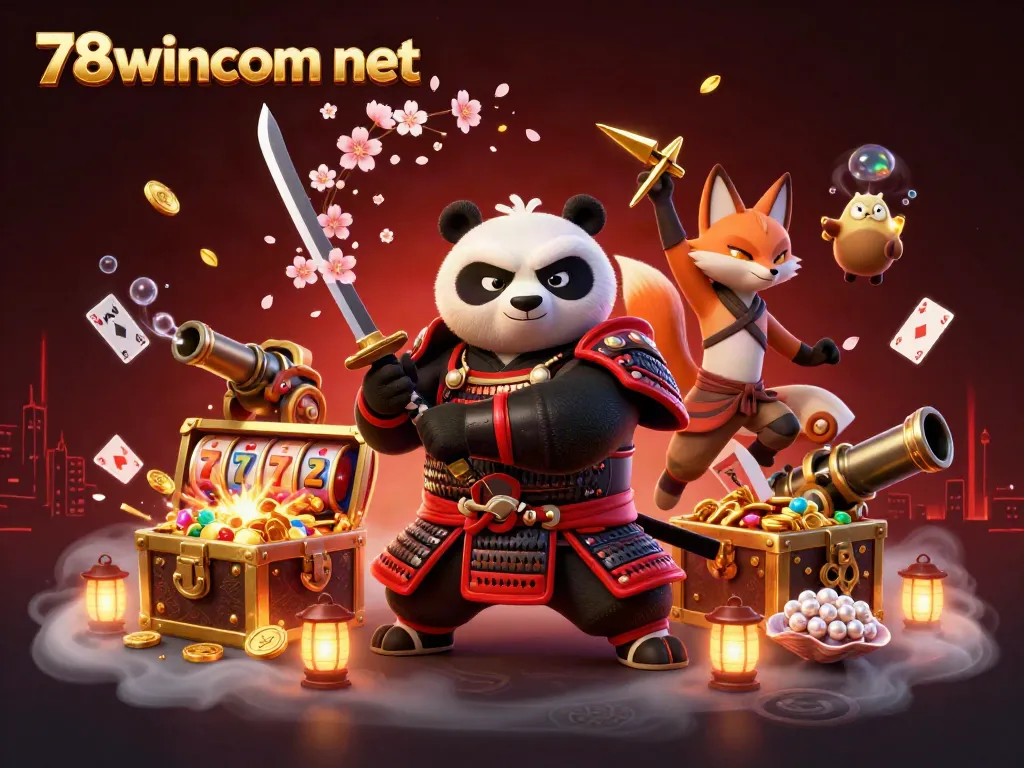 Experience the thrill of gaming at 78wincom net with a vibrant 3D casino scene showcasing samurai panda and ninja fox.