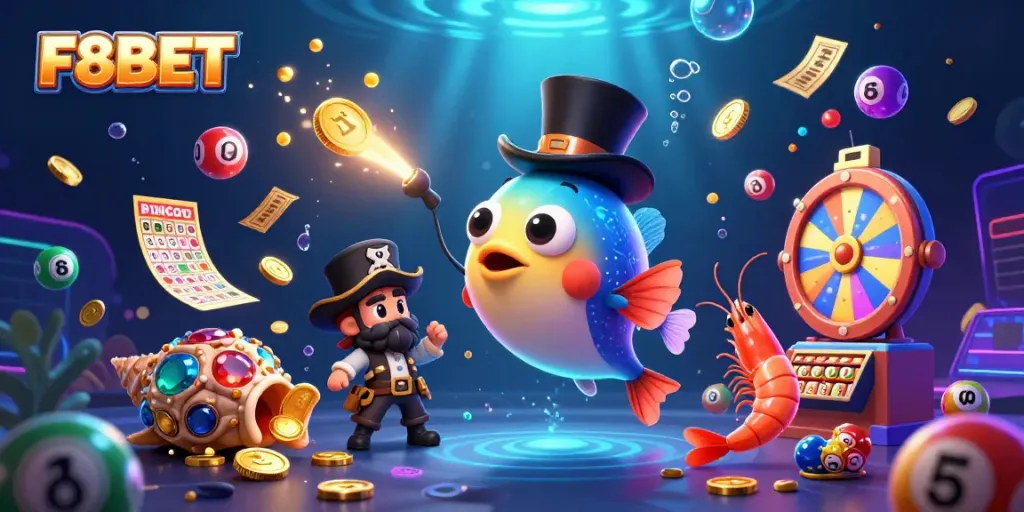 Engage with F8BET's vibrant casino world featuring characters in an action-packed scene.