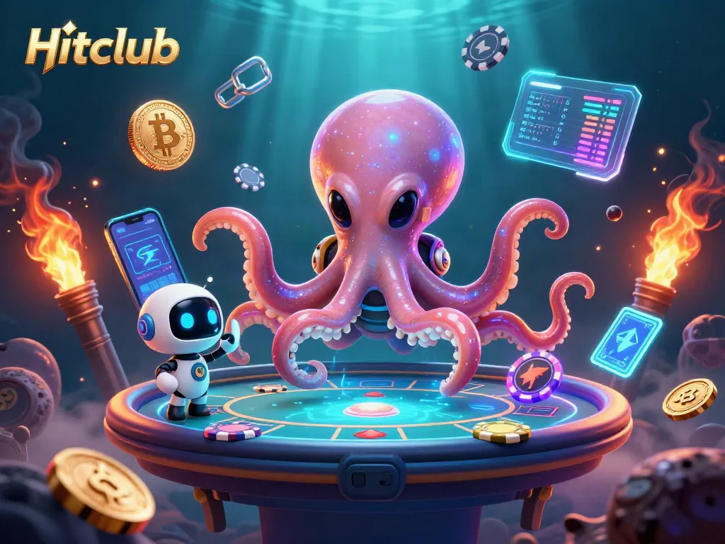 Experience gaming excitement at Hitclub with an alien octopus and holographic poker table.