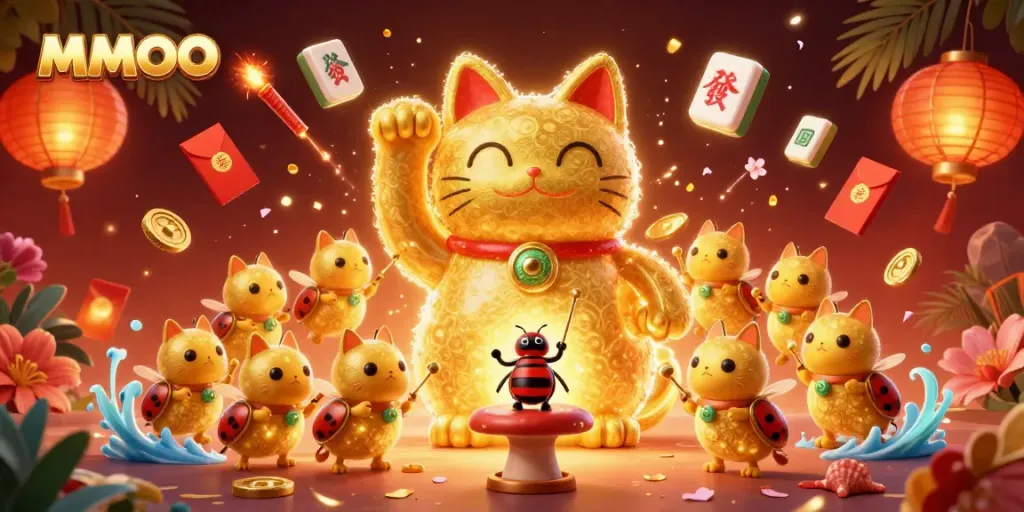 Engage with MMOO's exciting gaming world featuring a lucky cat and festive symbols.