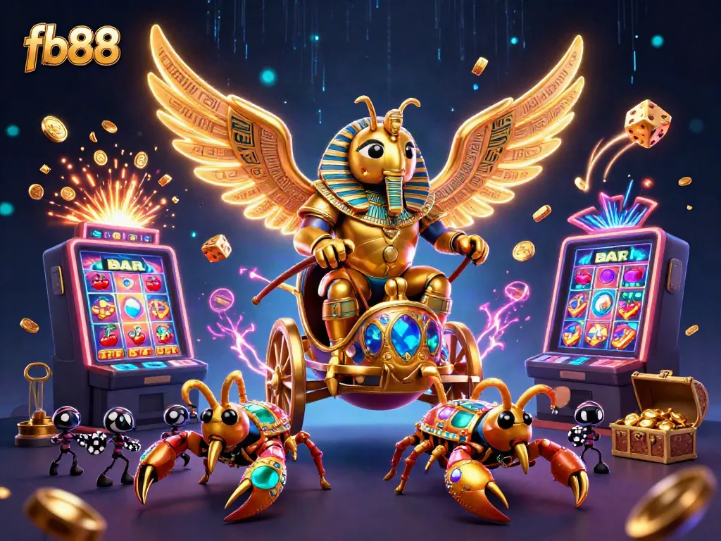 Join the thrilling action at fb88 with a vibrant display of a golden scarab beetle and casino imagery.