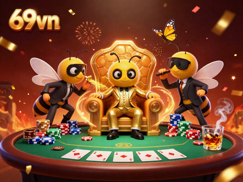 Engage with thrilling gambling at 69vn featuring a 3D cartoon mob boss and poker scene.