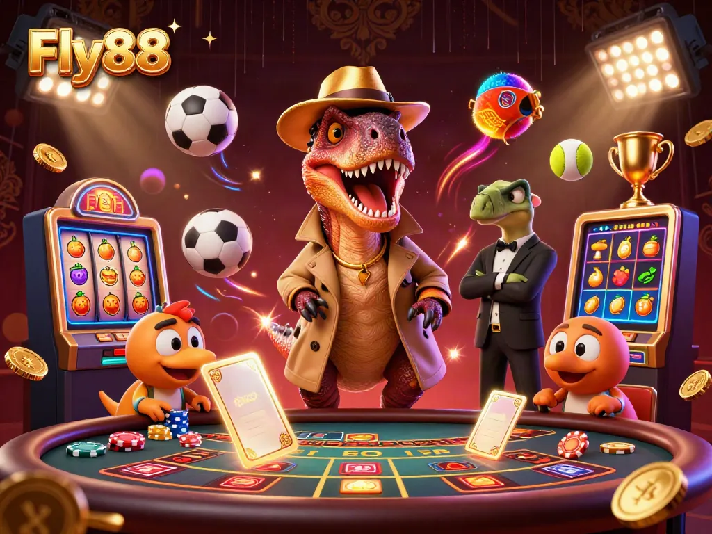 Fly88 transforms into a vibrant casino scene with characters and dynamic game elements.