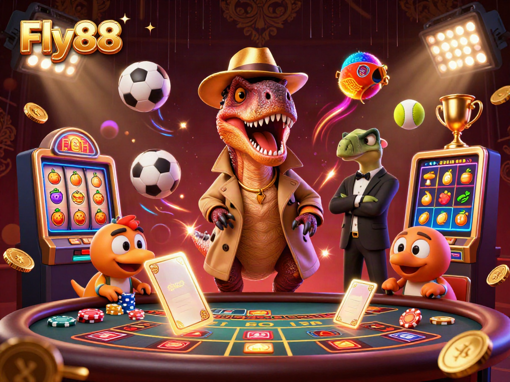 Fly88 transforms into a vibrant casino scene with characters and dynamic game elements.
