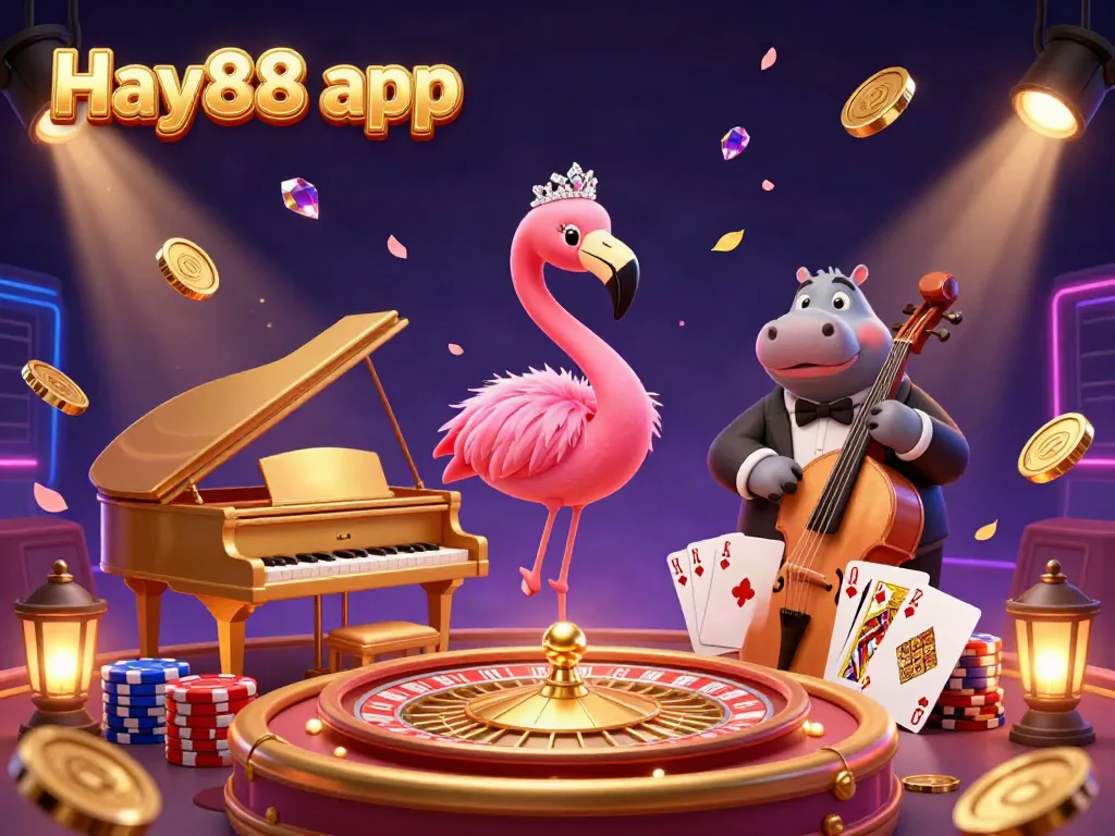 Experience the excitement of gambling with the Hay88 app, featuring a vibrant casino scene full of characters and game elements.