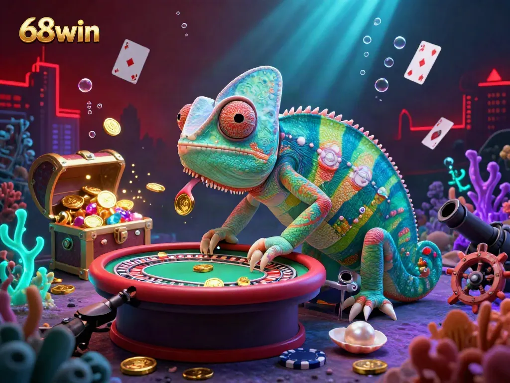 Experience the vibrant world of 68win with a multicolored chameleon casino owner, surrounded by gaming riches.