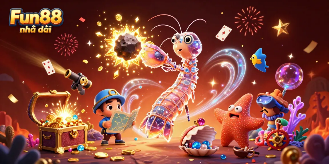 Experience the excitement of Fun88 nhà cái with a vibrant scene of a galactic mantis shrimp and starfish in a lively casino underwater.