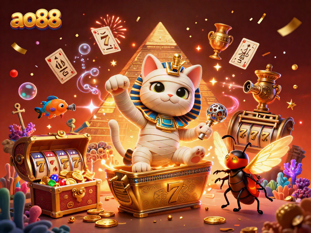 Engage in gambling fun with ao88's vibrant 3D casino scene featuring mummy-themed characters and slot games.