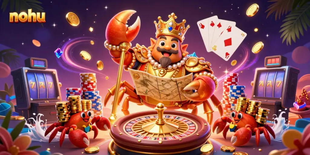 Experience thrilling nohu casino excitement with a golden crab emperor in a vibrant gaming scene.