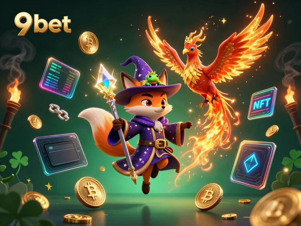 Experience the excitement of 9bet with a mystical wizard fox and phoenix in a vibrant casino scene.