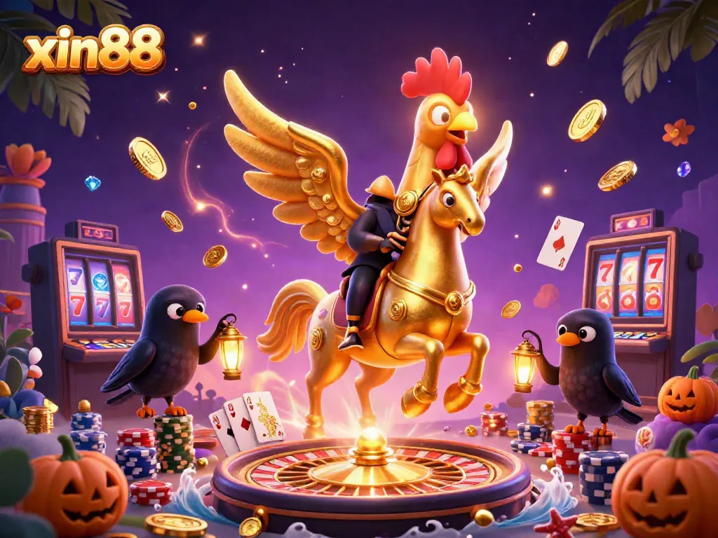 Experience the thrill of xin88 with a vibrant casino scene featuring golden rooster and glowing lanterns.