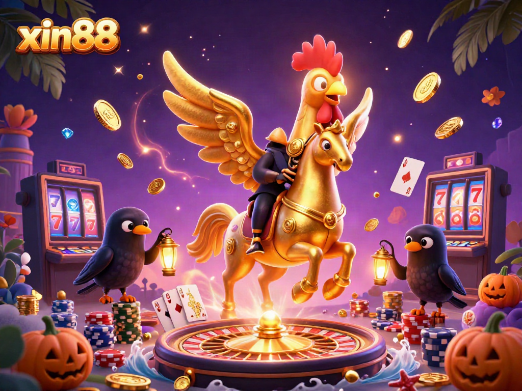 Experience the thrill of xin88 with a vibrant casino scene featuring golden rooster and glowing lanterns.