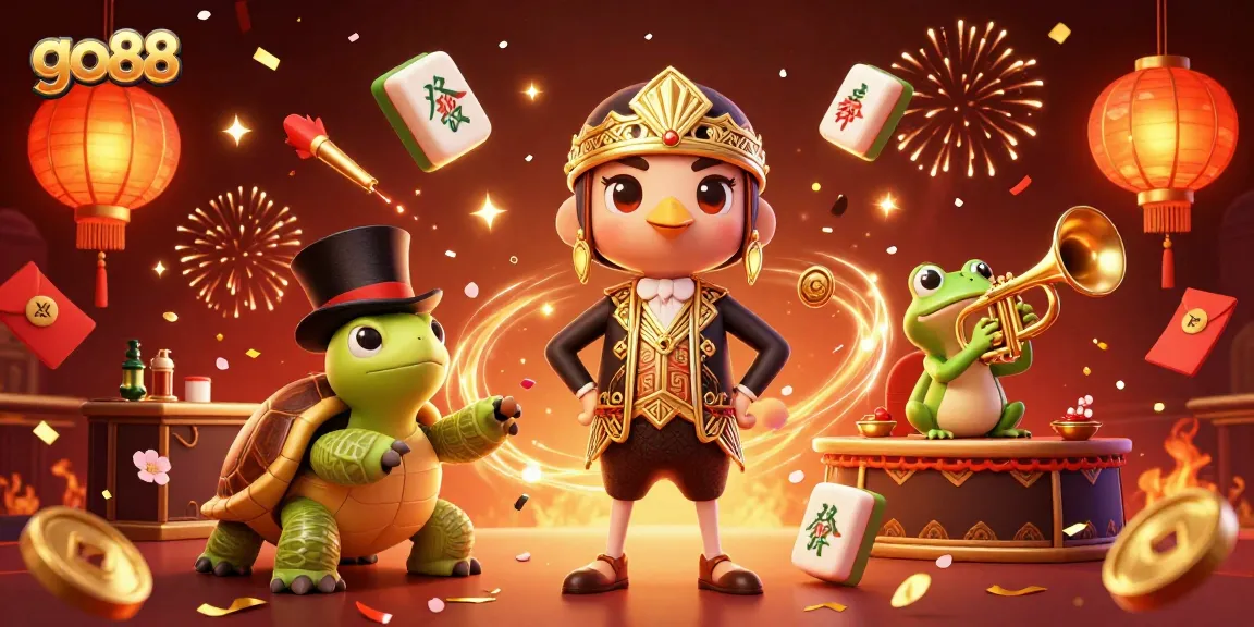 Experience go88's vibrant casino atmosphere with engaging characters, festive elements, and a dynamic scene.