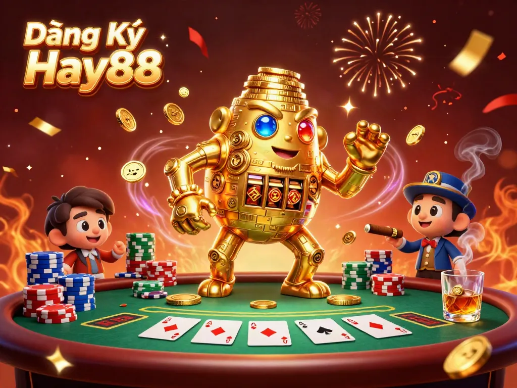Engage in thrilling gameplay with Đăng Ký Hay88, featuring a golden golem and poker action.