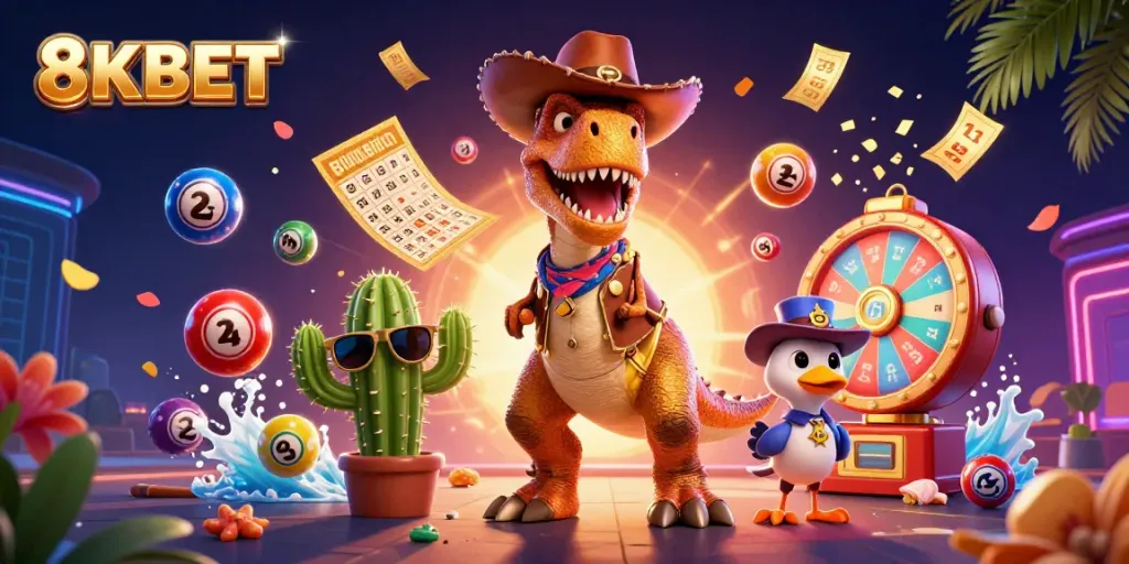 Win big with 8KBET's vibrant casino elements in a 3D animated scene featuring colorful lottery balls.