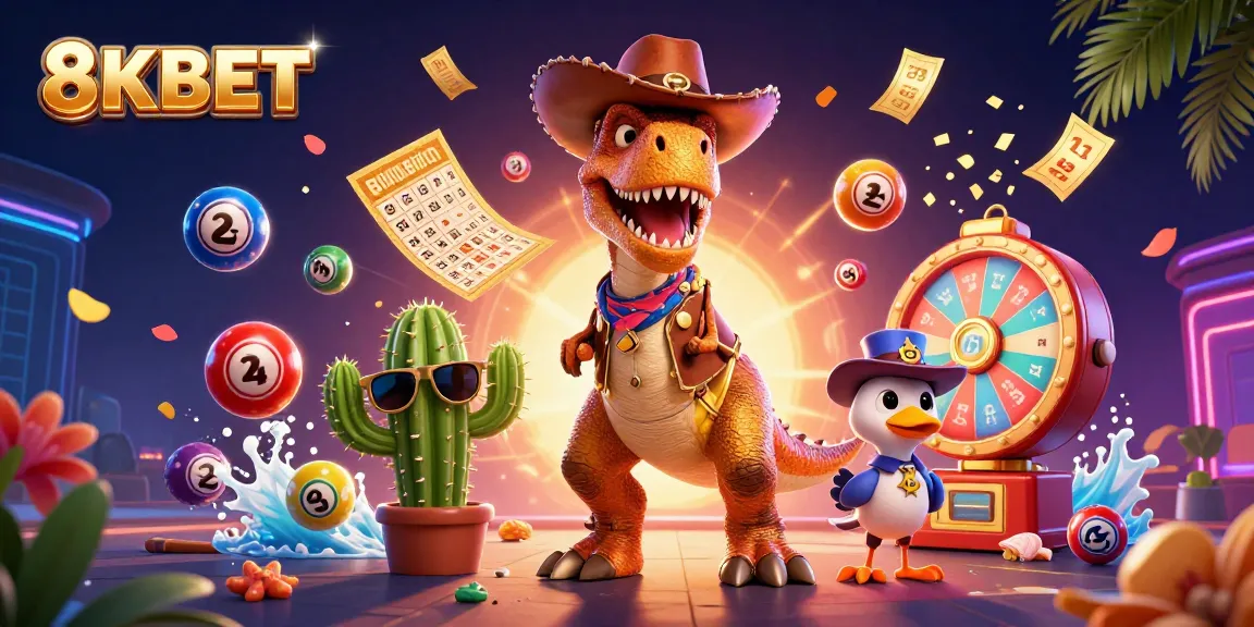 Win big with 8KBET's vibrant casino elements in a 3D animated scene featuring colorful lottery balls.