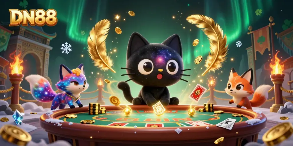 Engage with DN88's thrilling cosmic casino scene, featuring a black hole cat and nebula fox amid swirling golden chips.