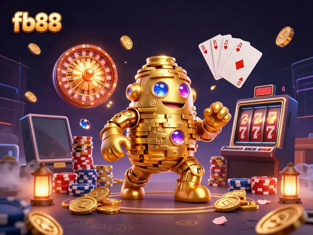 Win big with fb88 in this vibrant 3D casino scene of a golden golem and spectacular game elements.