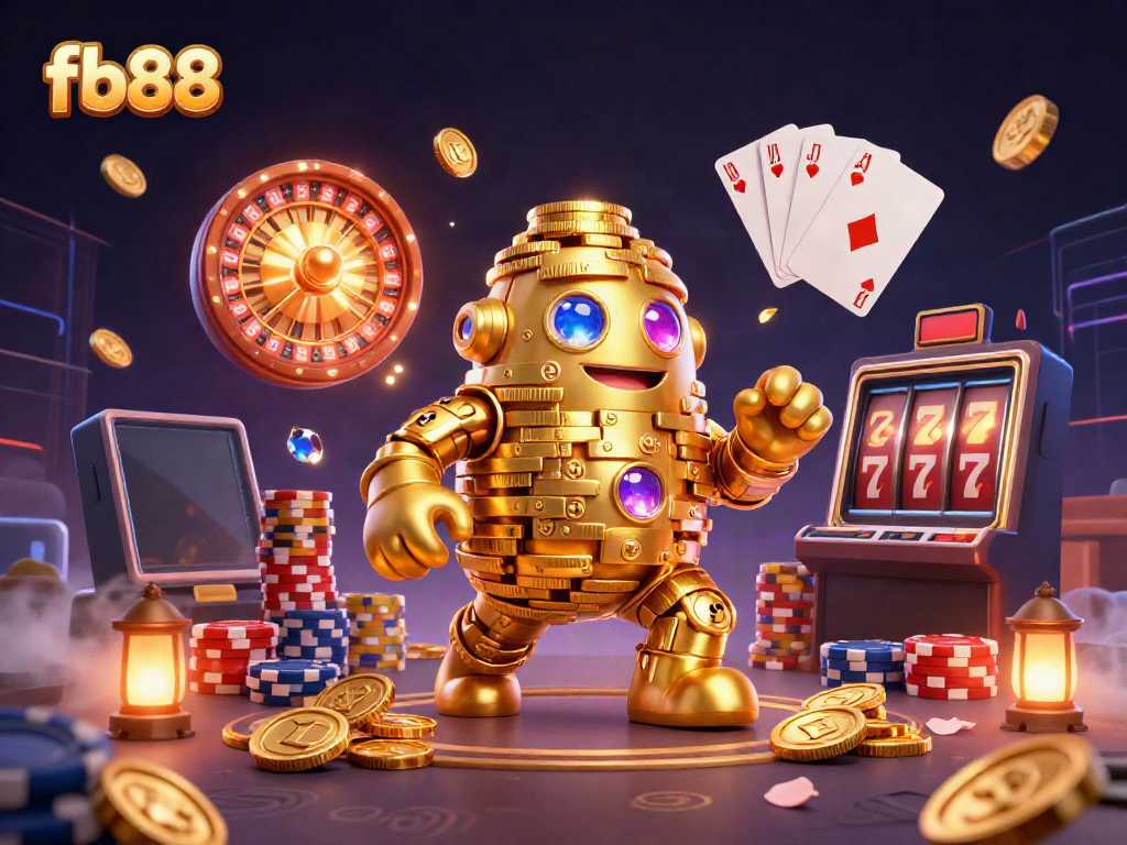 Win big with fb88 in this vibrant 3D casino scene of a golden golem and spectacular game elements.