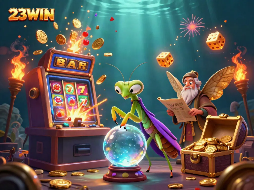 Feel the excitement at 23WIN with a vibrant scene of fortune tellers and festive casino elements showcasing big wins.