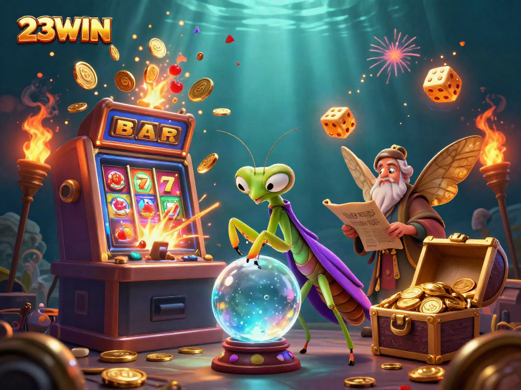 Feel the excitement at 23WIN with a vibrant scene of fortune tellers and festive casino elements showcasing big wins.