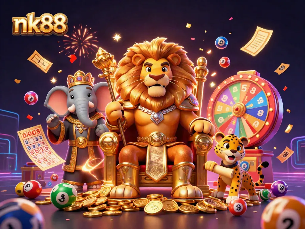 Experience vibrant lottery action at nk88 with a fierce lion king, wise elephant, and quick cheetah amidst colorful game elements.