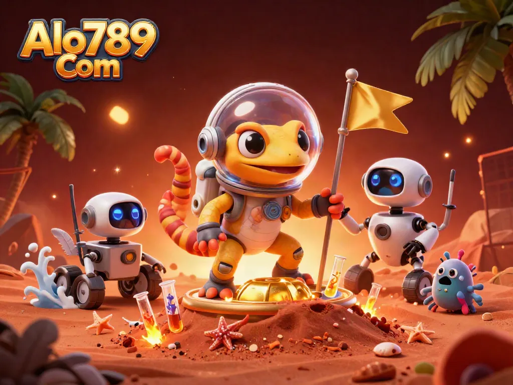 Engage in thrilling cockfighting action with Alo789 Com, featuring a Martian gecko and robot sidekick.