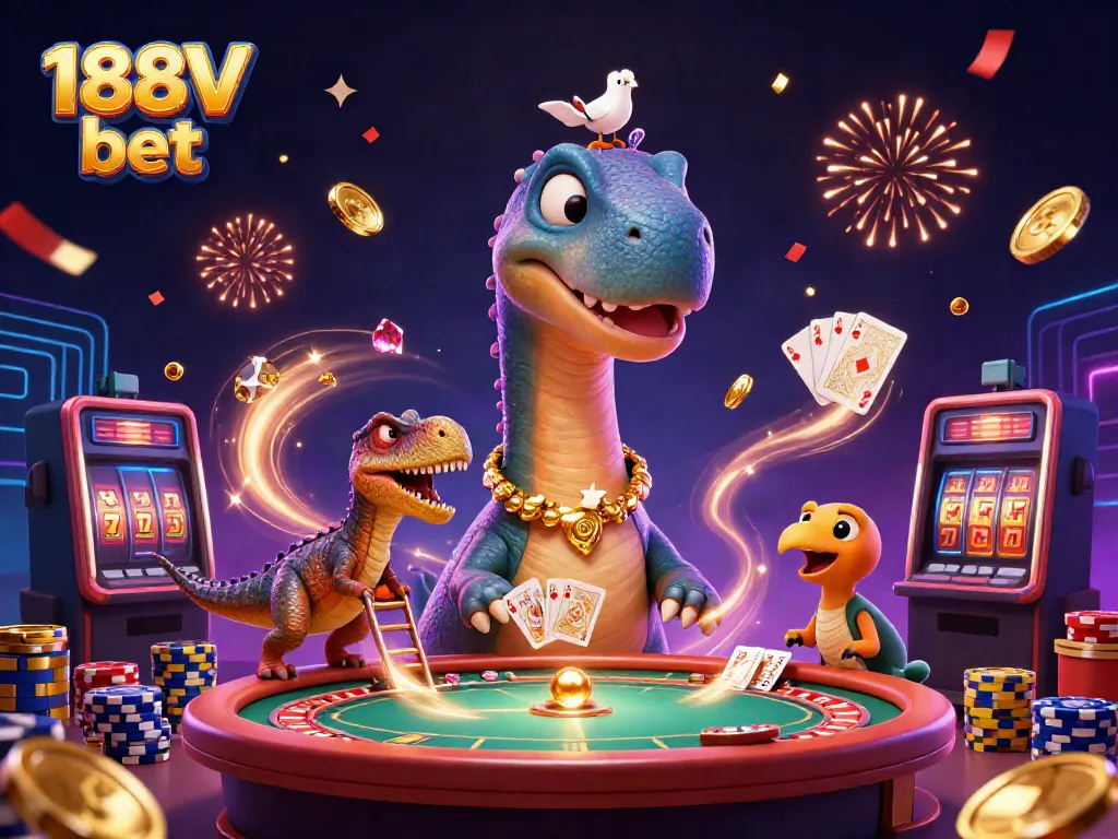 Engage in the excitement of 188V bet with a cartoon dinosaur and clever raptor in a vibrant casino scene.